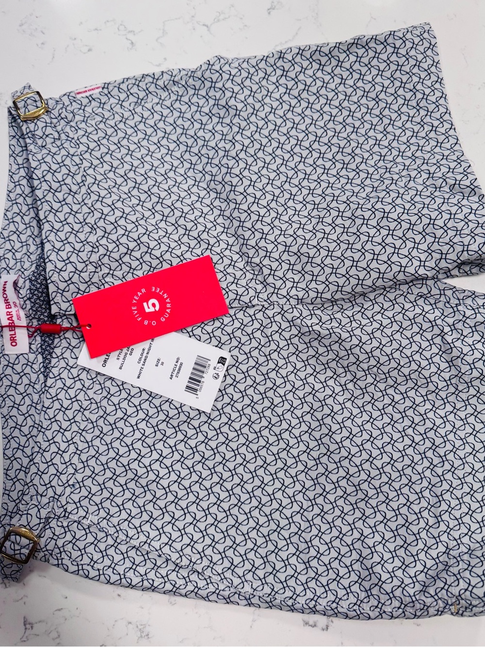 BRAND NEW - Orlebar Brown White & Navy Geometric Swim Shorts with Red Tag